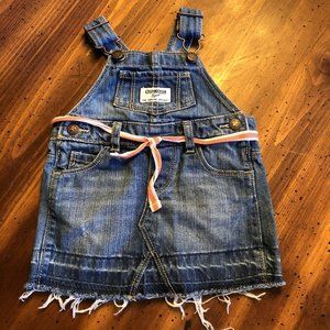 OshKosh B'gosh Girls Denim Overall Skirt Size 6M Unfinished Hem Pink Belt Kids